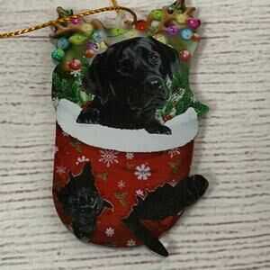 Black Labrador Puppy Dog in Stocking Acrylic Christmas Ornament 2D or Flat 3"L